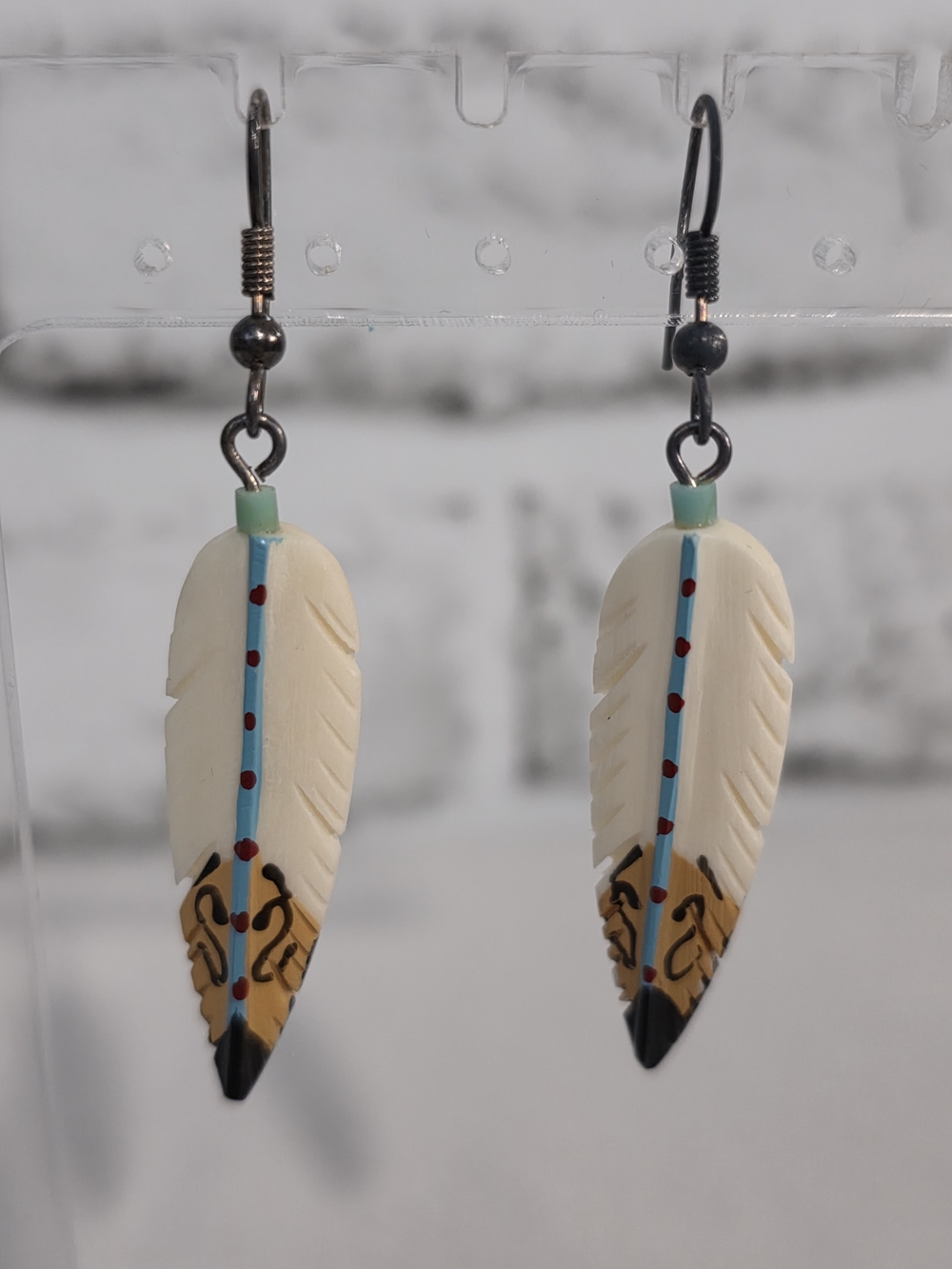 Handcrafted Cream Feather Drop Earrings with Turquoise Accents